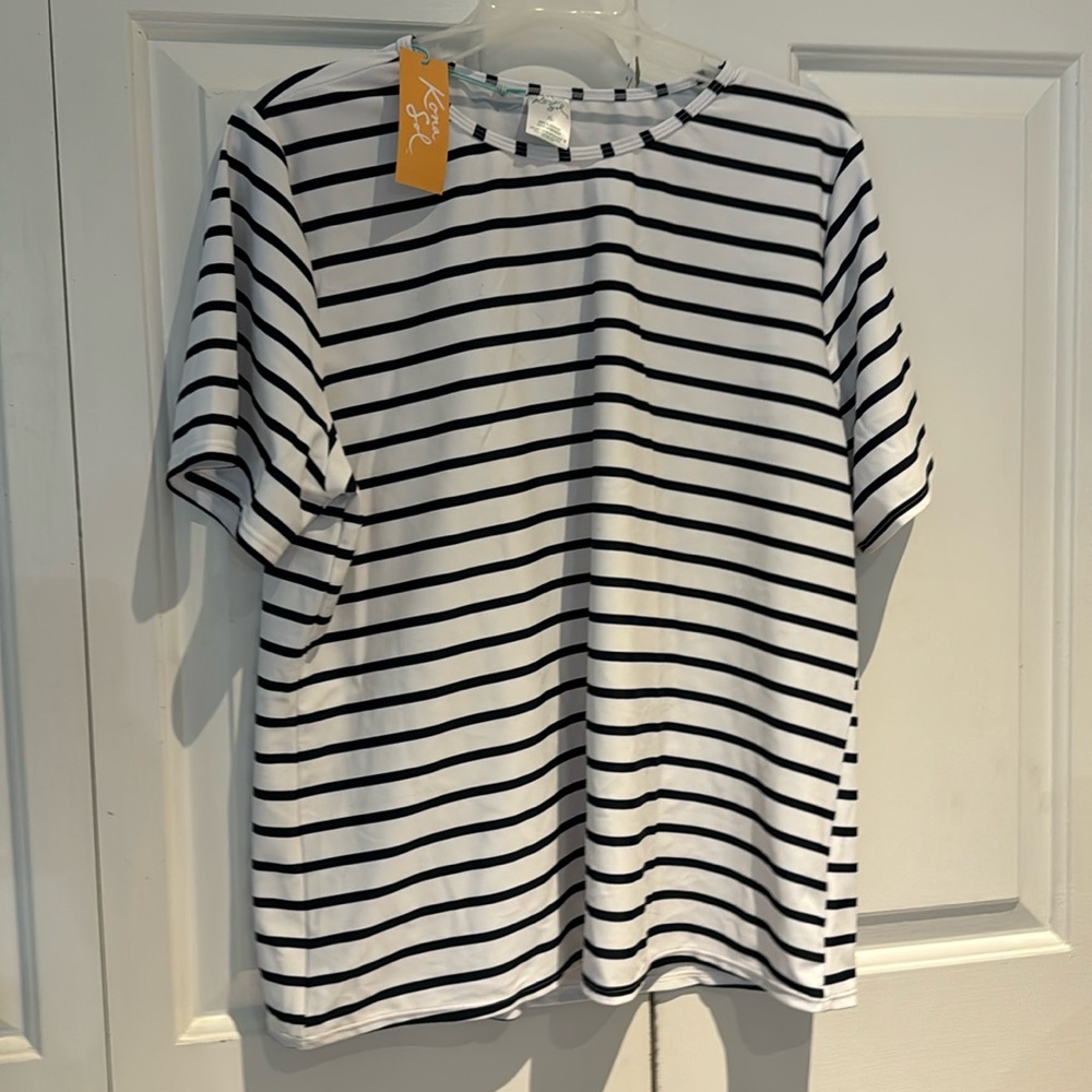 Kona Sol Black and White Striped Swim Top